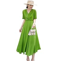 Street Style Elegant Summer Women V-Neck Design Pleated Short Sleeved green8 Double Silk Dress