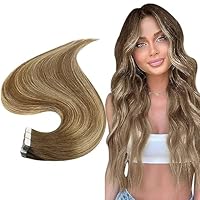 Full Shine Human Hair Tape in Extensions 16inch Brown Balayage Hair Extensions Tape in Brown to Blonde Ombre Highlights Human Extensions Glam Seamless 20Pcs 50Grams