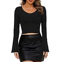 Womens Crop Tops Long Sleeve Bell Sleeve Tops for Women Blouse V Neck T Shirts Lettuce Trim Crop Top Sexy Black