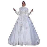 Women's High Neck Muslim Sequins Bridal Ball Gowns with Train Lace Wedding Dresses for Bride Long Sleeve