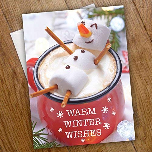 Cocoa Snowman Holiday Card Pack/Set of 25 Winter Wishes Cards/Hot Chocolate Marshmallows Design With Verse Inside/Christmas Cards With Envelopes