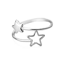 Double Star Wrap Open Ring for Women Teen Girls S925 Sterling Silver Dainty Adjustable Statement Engagement Thin Tiny Finger Rings Jewelry Gifts for BFF Daughter Birthday