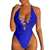 ZileZile Women's Sexy Summer Deep V Neck Lace Up Strappy Cross Backless Monokini High Waist Bathing Swimsuits