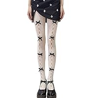Lolita Women Fishnet Tights Hollow Out Hole Velvet Bow Mesh Pantyhose Stockings,White Socks+Black Bow, Length: 90cm(35.43in)