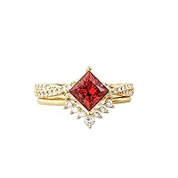 MRENITE 10K 14K 18K Gold Natural Garnet Rings Set for Women Red Garnet Classic Design Engrave Name Size 4 to 12 Anniversary Birthday Jewelry Gifts for Her