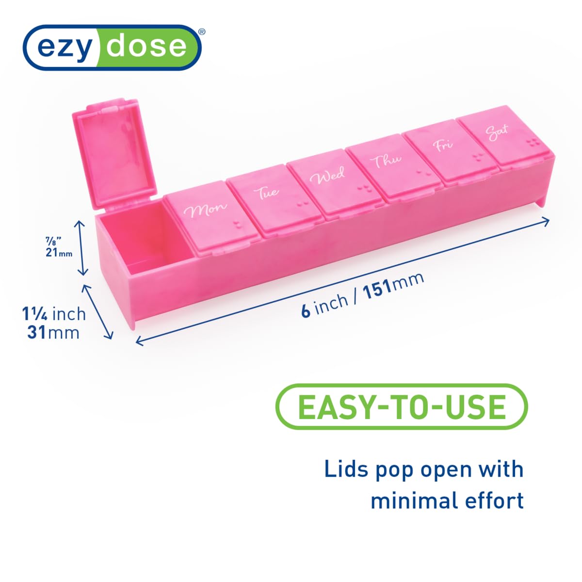 EZY DOSE Weekly (7-Day) Pill Organizer, Vitamin Planner, and Medicine Box, Large Compartments, Pink, Made in The USA