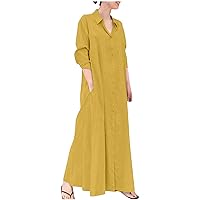 Womens Cotton Shirt Dress Summer Casual Roll Up Sleeve V Neck Linen Cover Up Shirts Beach Flowy Dress with Pockets