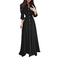 Women 2023 Long Sleeve Lapel Button Down Belted Gown Formal Evening Wedding Guest Maxi Long Maxi A-Line Dresses