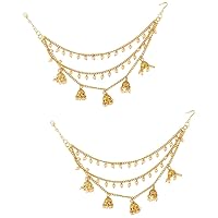 Efulgenz Indian Bollywood Jewelry Gold Tone Plated Dangling Earring with Layered Jhumka Tassels Ear Support Chain Hair Accessory, Copper, not known