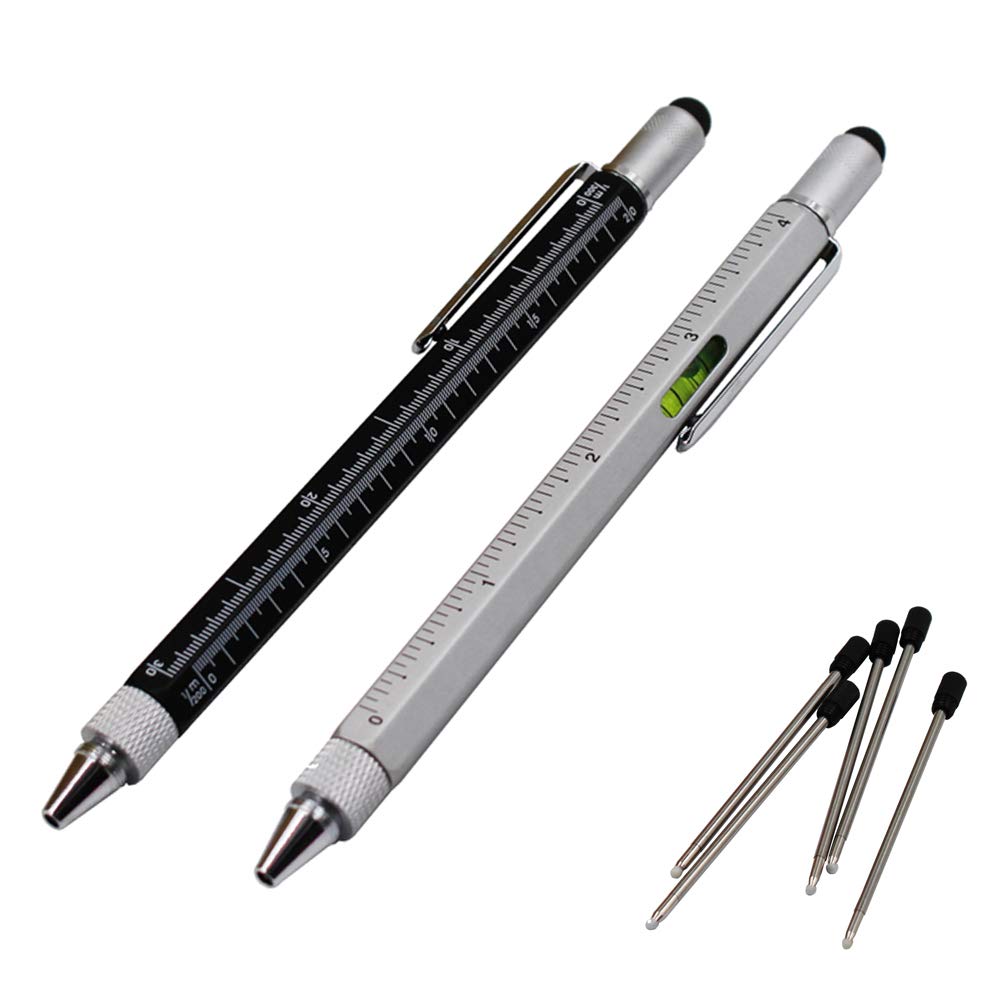 2PCS PACK 6 in 1 Screwdriver Tool Pen - Mini Multifunction Pen with Stylus, Flat and Phillips Screwdriver Bit, Bubble Level and inch cm Ruler all in one (Model B, BLACK & GREY)