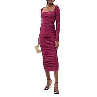 Womens Bodycon Maxi Dress Long Sleeve Square Neck Ruched Dress Slim Fit Lounge Midi Dresses Cocktail Party Club Dress