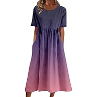 Midi Dresses for Women Summer Casual Sleeveless Crewneck Swing Sundress Fit Flare Flowy Tiered Maxi Dress with Pockets