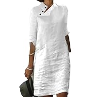 Women's Casual Linen Half Sleeve Button Lapel Midi Dresses Summer V Neck Knee Length Dress for Women 2024