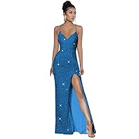 Sequins Spaghetti Straps V Neck Prom Dresses Long Mermaid Sparkly Backless Formal Gowns Evening Dresses with Slit