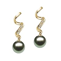 14k Yellow Gold AAAA Quality Gray/Green Tahitian Cultured Pearl Dangle Earrings with Diamonds - PremiumPearl