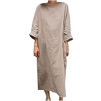 3/4 Sleeve Cotton Linen Dress for Women, 2023 Loose Summer Dresses Casual Crewneck Midi Dresses Fashion Sundresses