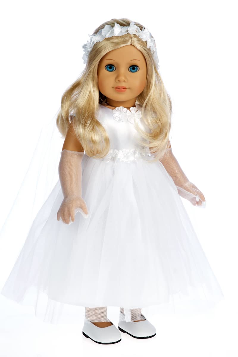 Little Angel - 4 Piece 18 inch Doll Outfit - White Satin and Tule First Communion Dress with Long Gloves, Veil and White Shoes (Doll not Included)