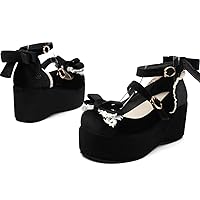 Cute Lolita Mary Jane Bow Pumps for Women Platform Wedges Closed Round Toe Ankle Strap High Heel Dress Shoes Comfortable Sweet Kawaii Cosplay Prom Party