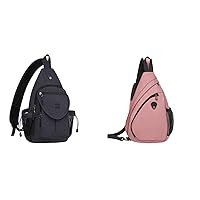 MOSISO Canvas Sling Backpack&Sling Hiking Backpack,Travel Daypack Fan-shaped Rope Crossbody Shoulder Bag, Space Gray& Peach Pink