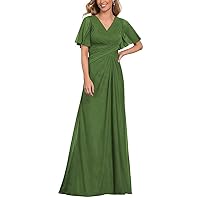 V Neck Mother of The Bride Dresses Ruffle Sleeves Chiffon Long Formal Evening Gowns Party Dress LYQ48