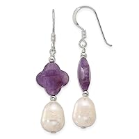 925 Sterling Silver Amethyst and Freshwater Cultured Pearl Shepherd Hook Earrings Measures 47.5x13mm Wide Jewelry Gifts for Women