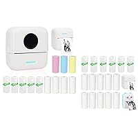Mini Portable Printer Set with 12 Rolls Printing Paper + 16 Rolls Thermal Paper Set, Including Sticker/White Plain Paper, White