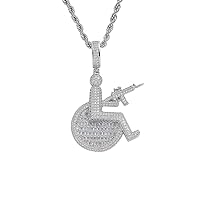 Iced Out Bling Wheelchair Holding Gun Pendant 18K Gold Plated Cubic Zirconia Necklace Hip Hop with Stainless Steel Chain