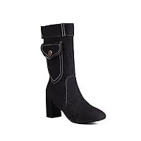 Vertundy Mid Calf Boots For Women Jeans Denim Patchwork High Heel Boots Pointed Toe Chunky Heeled Zipper Booties