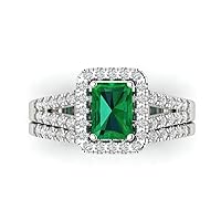 1.54ct Emerald Cut Halo Solitaire Simulated Green Emerald Engagement Promise Anniversary Bridal ring band set 14k White Gold