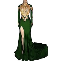 Women's Mermaid High Neck Long Sleeves Prom Dress 2019 Gold Appliques Split Formal Evening Gowns