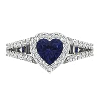 1.72ct Heart Cut Solitaire with Accent Halo split shank Simulated Blue Sapphire designer Modern Statement Ring 14k White Gold