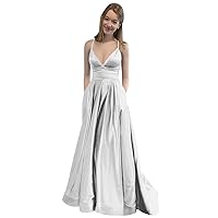 Satin Prom Dress Long 2024 Spaghetti Straps V-Neck Formal Evening Party Gowns with Pockets