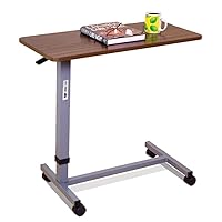 Essential Medical Supply Height Adjustable Automatic Overbed Table with Woodgrain Top and Locking Wheels
