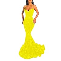 Dexinyuan Sequin Mermaid Prom Dresses 2024 Sparkly V Neck Spaghetti Straps Formal Party Evening Gowns for Women