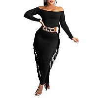 Sexy Dress for Women Off The Shoulder Tassel Maxi Solid Long Sleeve Club Party Cocktail Dresses