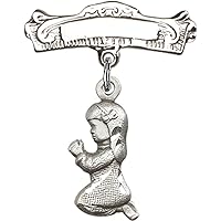 Jewels Obsession Baby Badge with Praying Girl Charm and Arched Polished Badge Pin | Sterling Silver Baby Badge with Praying Girl Charm and Arched Polished Badge Pin - Made In USA