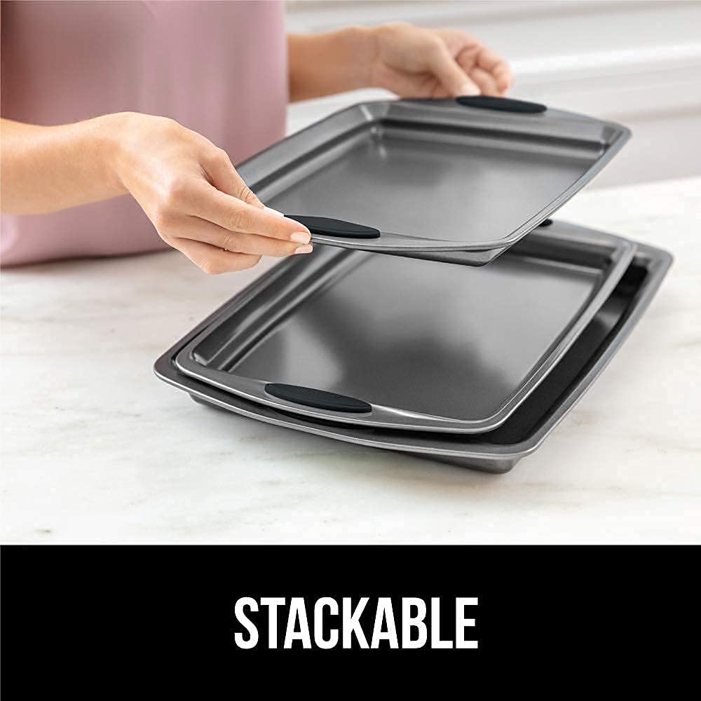 Gorilla Grip Non Stick Jelly Roll Baking Pans, Thick Warp Proof, 3 Piece, Durable Silicone Handles, Kitchen Oven Pan Bakeware Set, Cooking, Roasting Sets, Easy Clean, Set of 3, Black