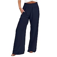 Smocked High Waist Beach Pants Women Cotton Linen Flowy Wide Leg Pants Summer Casual Loose Fit Palazzo Trousers