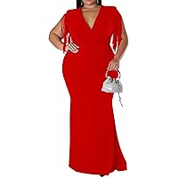 Women's Plus Size Bodycon Dress Elegant Tassels Sleeve Solid Sexy Wrap V Neck Evening Party Maxi Long Dress