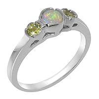 Solid 18k White Gold Natural Opal & Peridot Womens Trilogy Ring - Sizes 4 to 12 Available