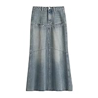 Women Vintage Korean Loose Ankle-Length Denim Maxi Long Skirt Low Waist Girl Jean Skirts