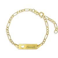 14k Yellow Gold Unisex Adjustable Girls Name ID Bracelet Engravable Heart Tag - Figaro Link Chain Rectangular Name Plate Bracelets for Babies & Children - Small Identification Bracelet 4.5