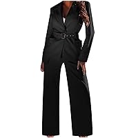 Women 2 Piece Set Solid Suit Long Sleeve Blazer Wide Leg Pants Outfit Button Down Casual Elegant Work Suit with Belt