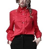 Women White Blouse Ruffled Stand Collar Long Sleeve Button-Down Cotton Shirt Loose Plus Size Office Blouses Tops