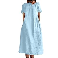 Cotton Linen Midi Dress for Women, 2023 Casual Knee Length Dresses Trendy Sundresses Loose Short Sleeve Tunic Dress