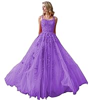 Lace Applique Prom Dresses Spaghetti Strap Sweet 16 Party Gown Backless A-Line Tulle Evening Formal Dress for Women