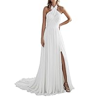 VeraQueen Women's Beach A Line Halter Chiffon Bridal Gown for Bride Slit Low Back Long Wedding Dress White