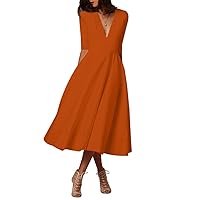 YMING Womens Sexy V Neck 3/4 Sleeve Cocktail Dress Vintage Solid Color Dress Oversized Swing Dresses with Pockets
