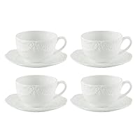 Gracie China, Victorian Rose Collection, 8-Ounce Cup and Saucer, White Fine Porcelain, Set of 4