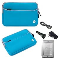 Blue with Gray Trim Slim Protective Soft Neoprene Case Sleeve for Amazon Kindle Touch (Wi Fi, 6 inch E Ink Display) and USB Car Charger and USB Home Charger and USB Data, Sync Cable